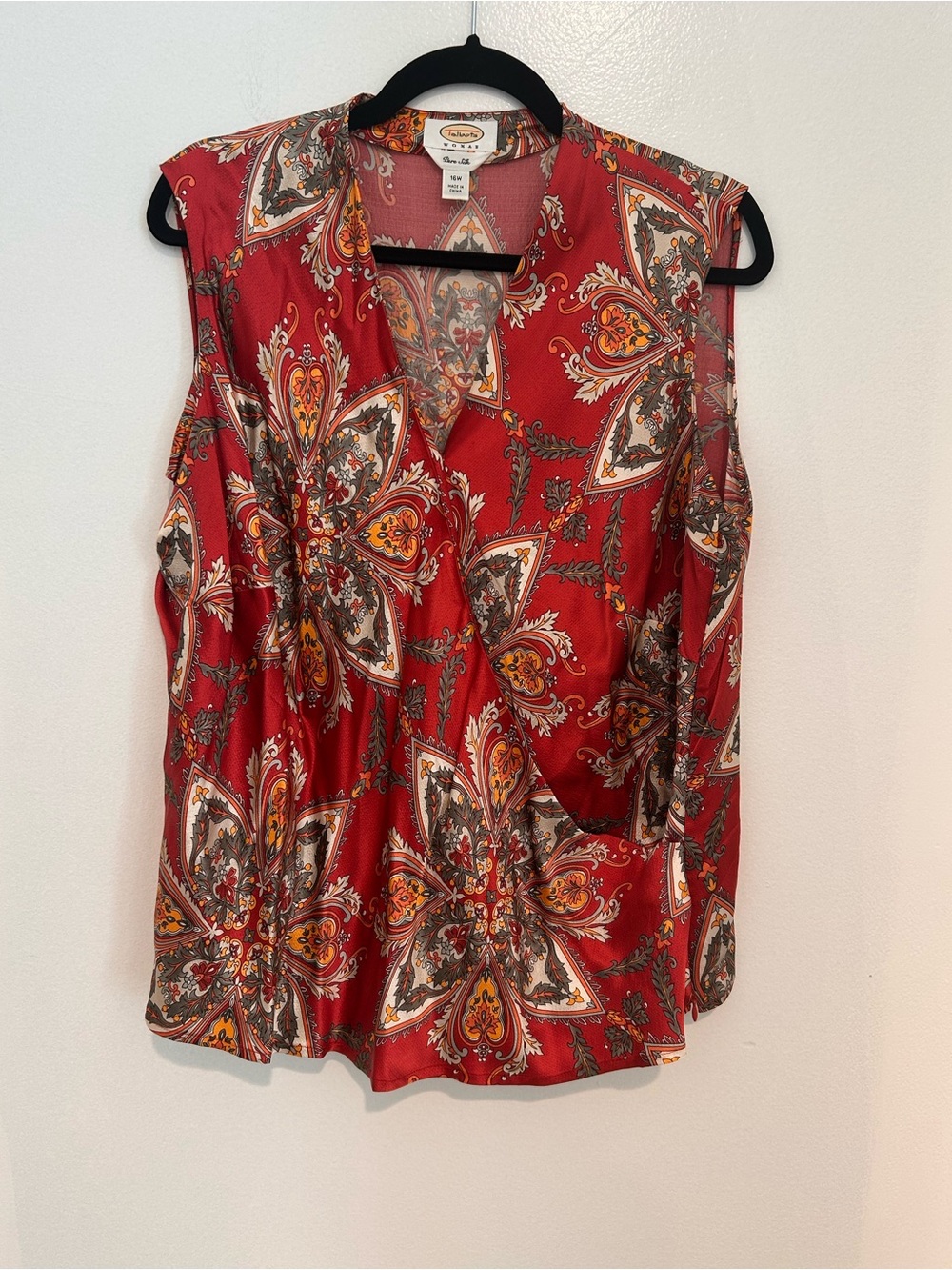 Talbots Red Paisley-Print Sleeveless V-Neck Blouse 100% Silk Transitional Blouse